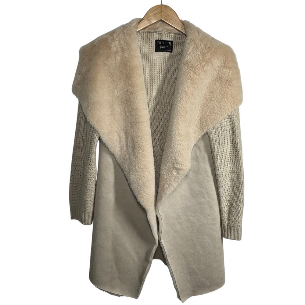 Twelfth Love Cardigan‎ Women M Tan Faux Suede Faux Fur Open Front Spring Jacket